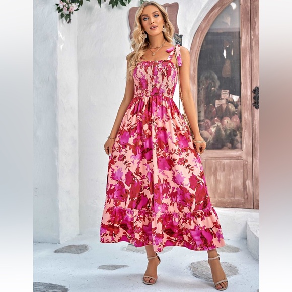 🔥🆕 ANNA-KACI CALIFORNIA Floral Tie-Shoulder Frill Trim Smocked Dress medium - Picture 10 of 13